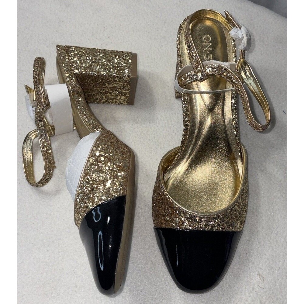 ON 34th Dottip Heels Gold Glitter Black Patent Toe Ankle Strap Pumps Size 9.5M